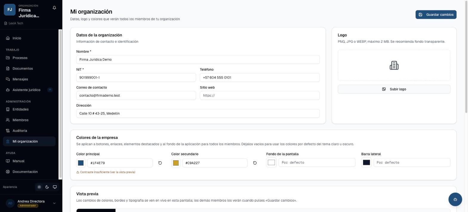 Datos, logo y colores de la organización en LexIA